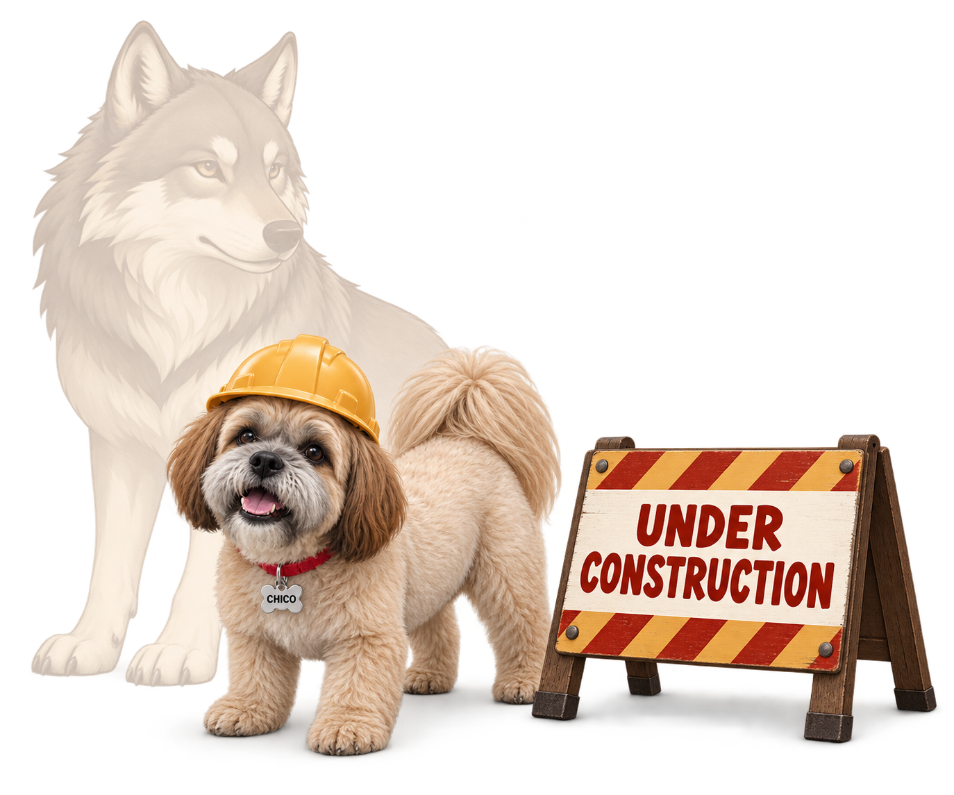 Happy Chico wearing a construction hard hat, with his large mountain-wolf shadow behind him and an Under Construction sign beside him.